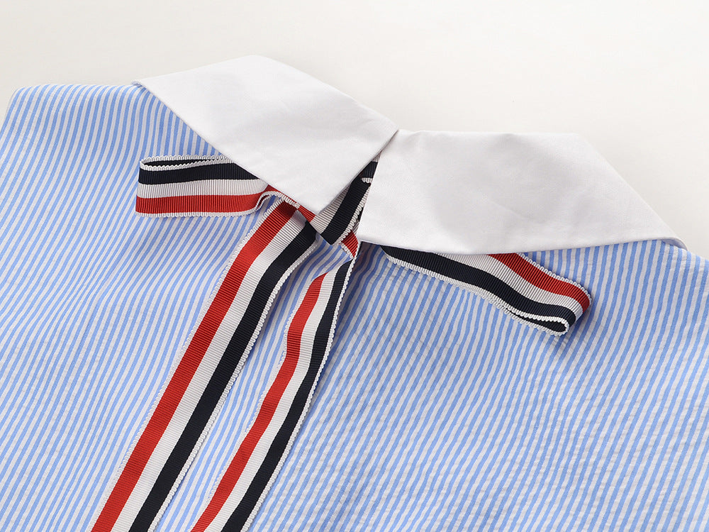 Blue & White Striped Contrast Collar Shirt Dress