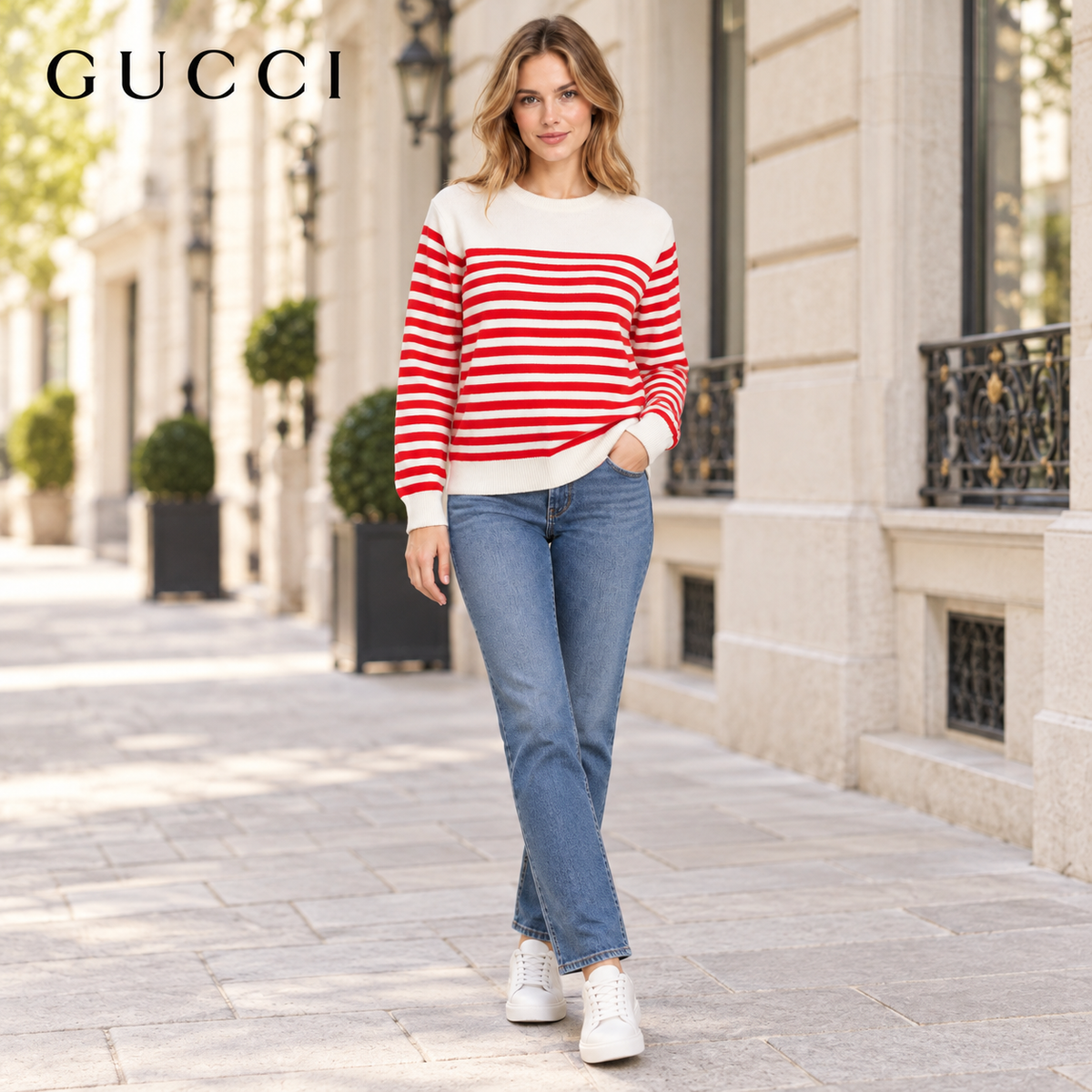 Gucci Unisex Embroidered Striped Crewneck Sweater