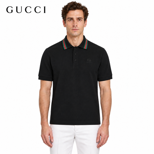 Gucci Web Stripe Collar GG Embroidered Polo Shirt