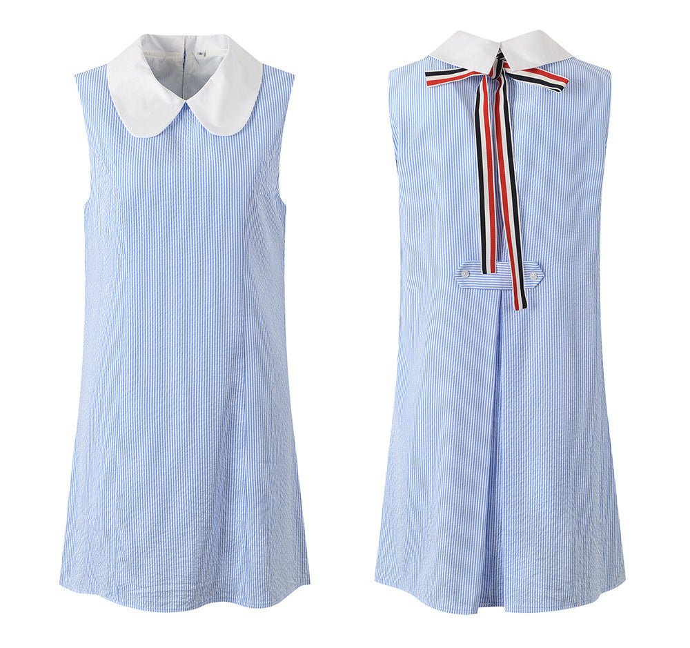 Blue & White Striped Contrast Collar Shirt Dress