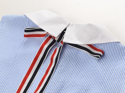Blue & White Striped Contrast Collar Shirt Dress