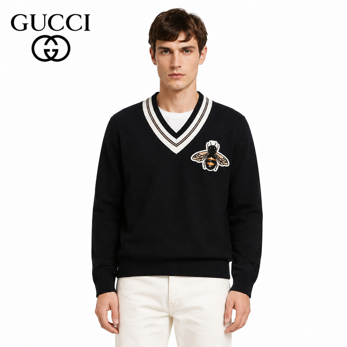 Gucci Striped Bee Embroidered Oversized V-Neck Sweater